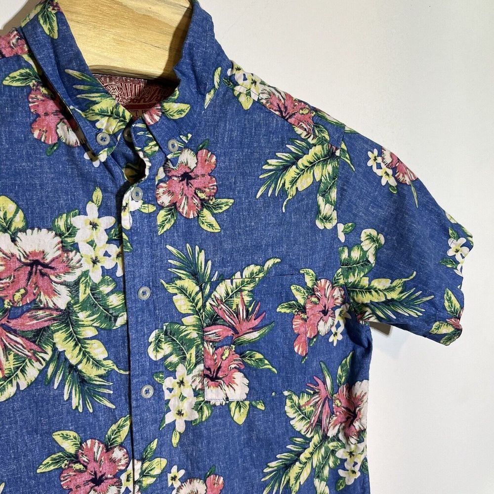 Brooklyn Cloth Shirt Blue Reverse Print Tropical Hibiscus Floral Short Sleeve